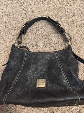 Dooney & Bourke Black Pebbled Leather Hobo Shoulder Bag with Brass Plaque